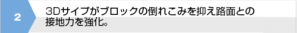 3Dサイプがブロックの倒れこみを抑え路面との接地力を強化。